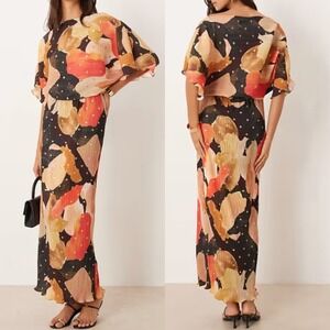 NWT Never Fully Dressed Chocolate Tilly Plisse Off Shoulder Gold Foil Maxi Dress